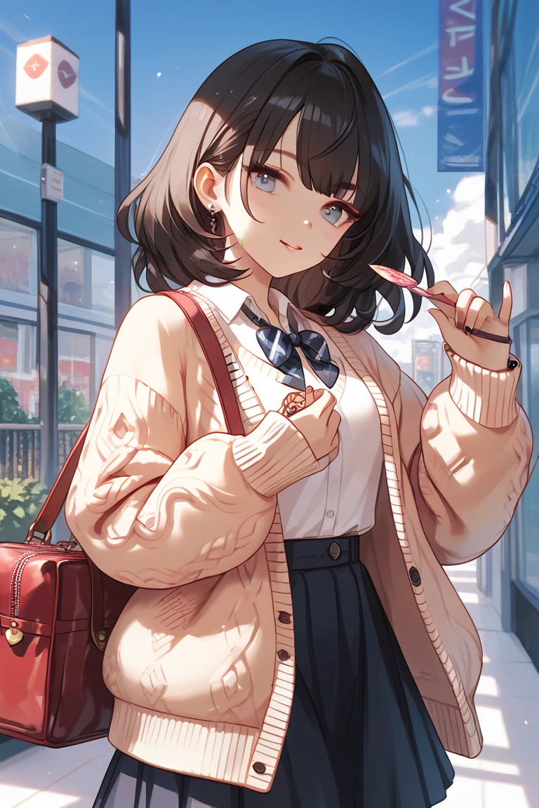  One girl , Alone,   skirt, bag,  cardigan , sleeve _past_wrist