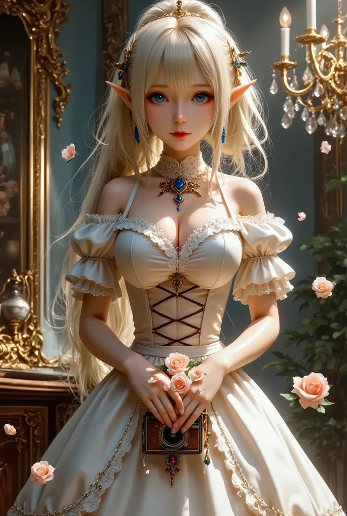 Dramatic composition, Court dress, Royal, nice, Cascading Ruffles, Raffle, bow,  Crystal Chandelier , Swirl Hairstyles, Place,  drill-like double ponytail ,  camera , bangs,  Maximalism  , Palace-like background, Delicate depiction of hair and eyes,  Princess Dress , nice skirts, Flowers in hands, smile, Starry Eyes, Cinematic Light, Extremely detailed,  High Definition ,  happy girl ,  long hair,  diamond with s, broken  diamond with s, Crystal Fragment, Particles of light