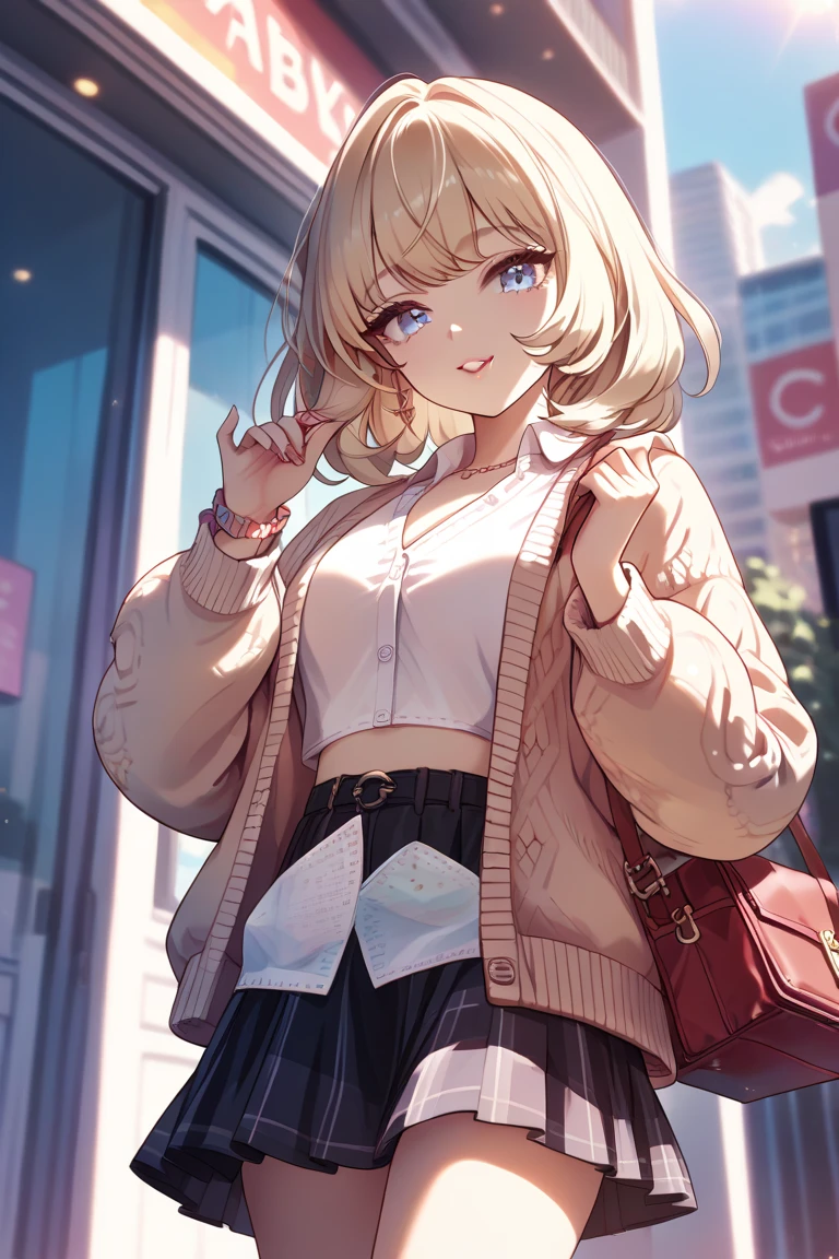  One girl , Alone,   skirt, bag,  cardigan , sleeve _past_wrist