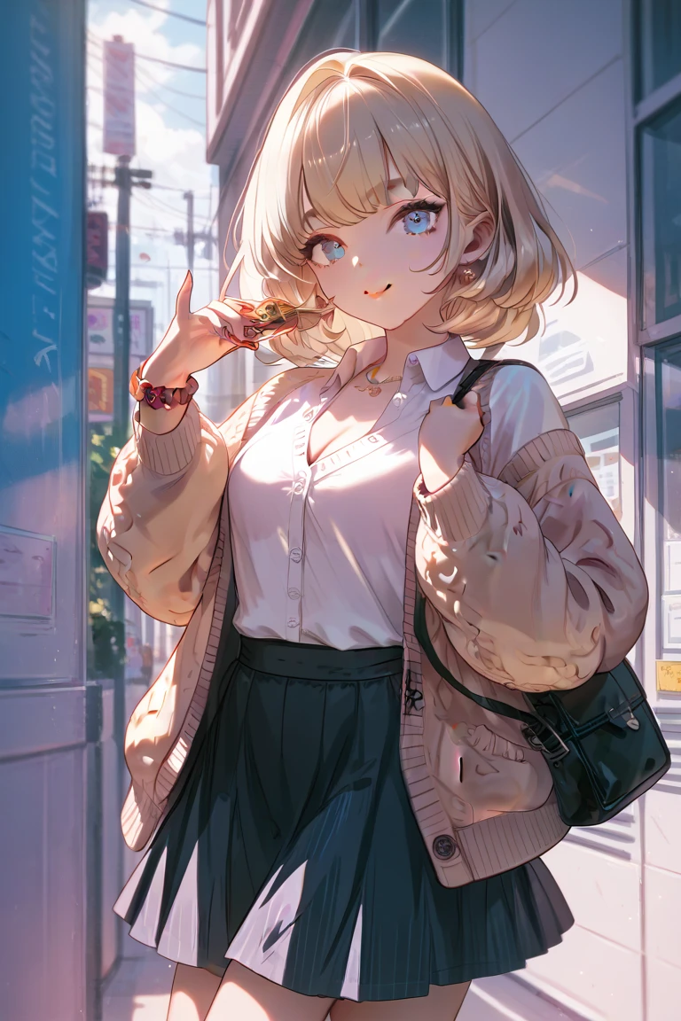  One girl , Alone,   skirt, bag,  cardigan , sleeve _past_wrist