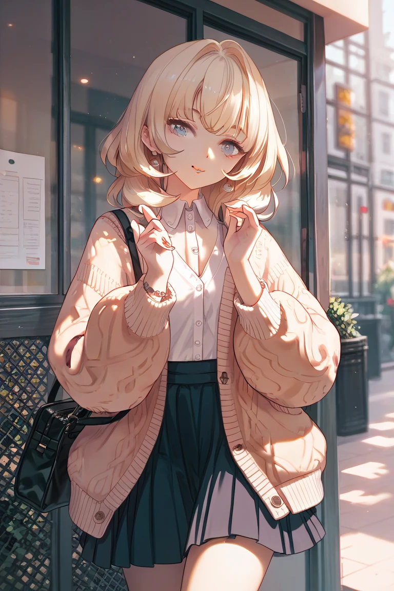  One girl , Alone,   skirt, bag,  cardigan , sleeve _past_wrist