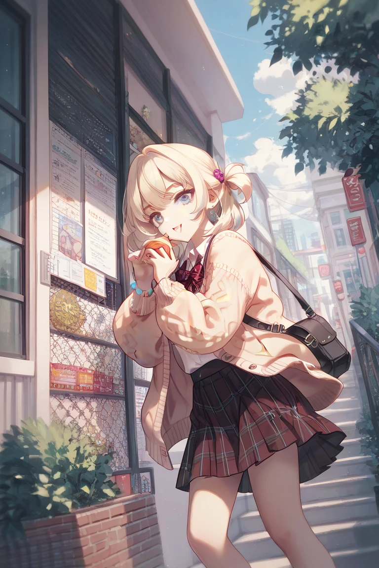  One girl , Alone,   skirt, bag,  cardigan , sleeve _past_wrist