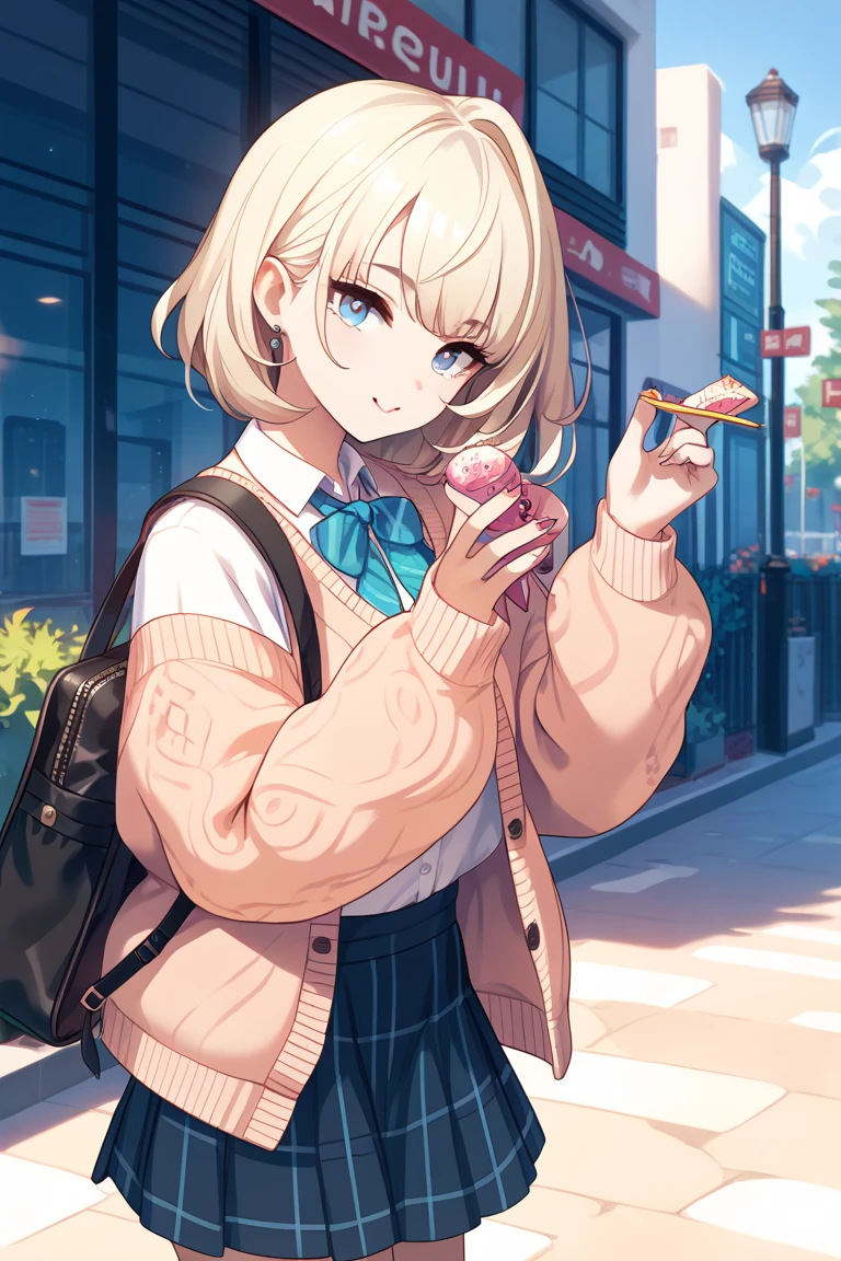  One girl , Alone,   skirt, bag,  cardigan , sleeve _past_wrist