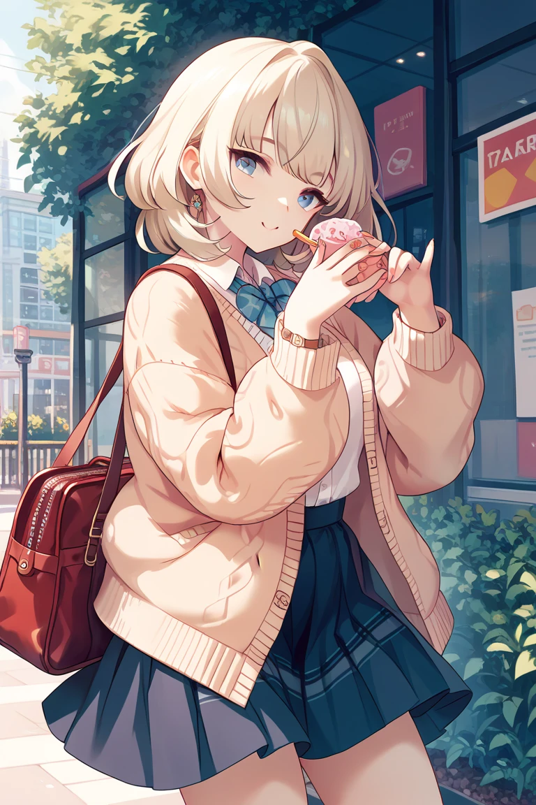  One girl , Alone,   skirt, bag,  cardigan , sleeve _past_wrist