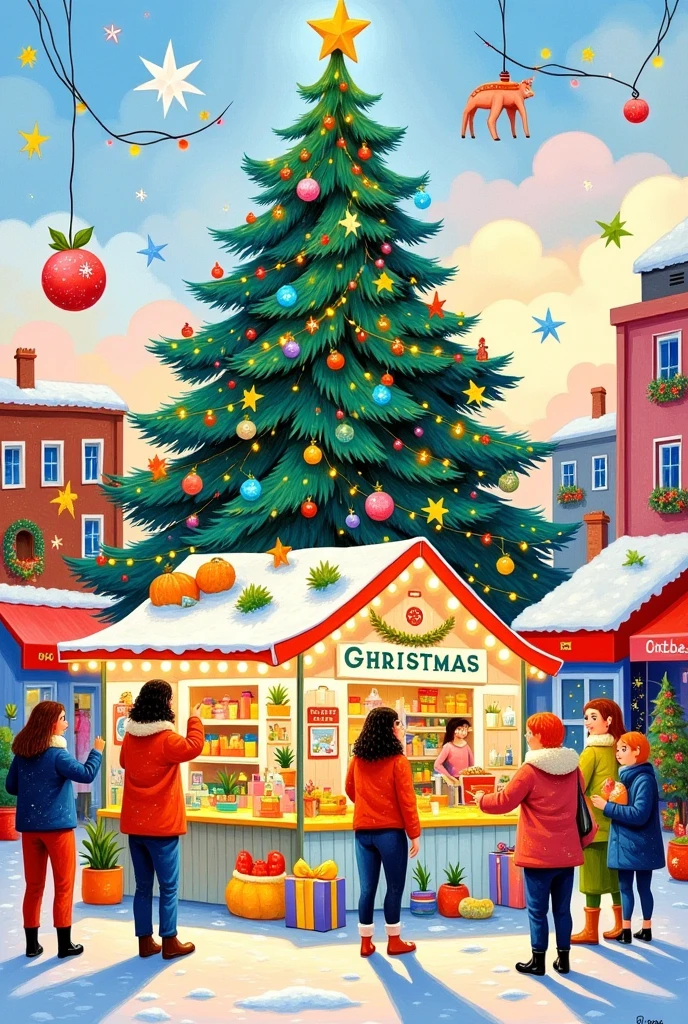 A Christmas tree and market stall with gifts, fruits, and vegetables in the snow, in the style of David Hockney. The painting features bright colors, a pastel palette, and soft brush strokes, using the medium of gouache. The Christmas tree is decorated with colorful lights, and greenery adorns the top. A warm light illuminates the stalls, which are full of presents, creating a festive Christmas atmosphere on a sunny day in the city street.