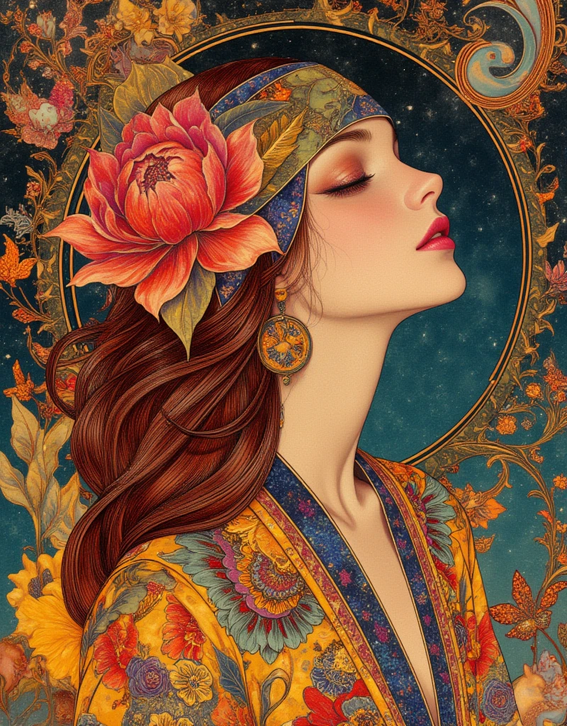 a woman with long hair and flowers in her hair, hippie girl, beautiful retro art, hot summertime hippie, 7 0 s vibe, 1960s flower power hippy, groovy vibe, art deco flower shaman, woman in flowers, mucha vibe, flower , 70s psychedelic style, 7 0 s vintage art, psychedelic art nouveau, ArsMJStyle, Art Deco, in the style of james-jean