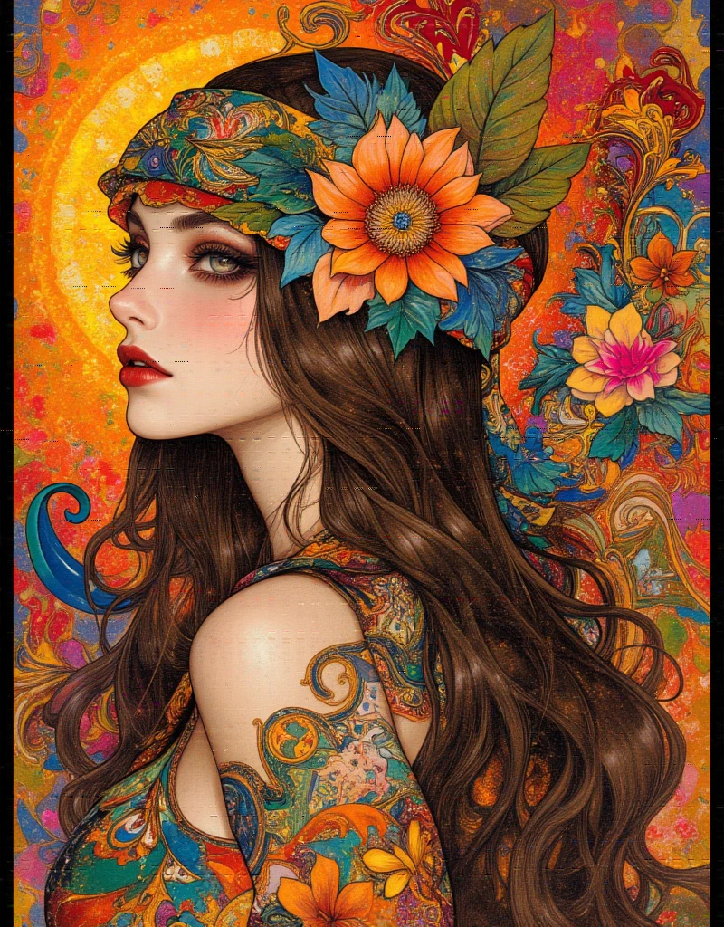 a woman with long hair and flowers in her hair, hippie girl, beautiful retro art, hot summertime hippie, 7 0 s vibe, 1960s flower power hippy, groovy vibe, art deco flower shaman, woman in flowers, mucha vibe, flower , 70s psychedelic style, 7 0 s vintage art, psychedelic art nouveau, ArsMJStyle, Art Deco, in the style of james-jean