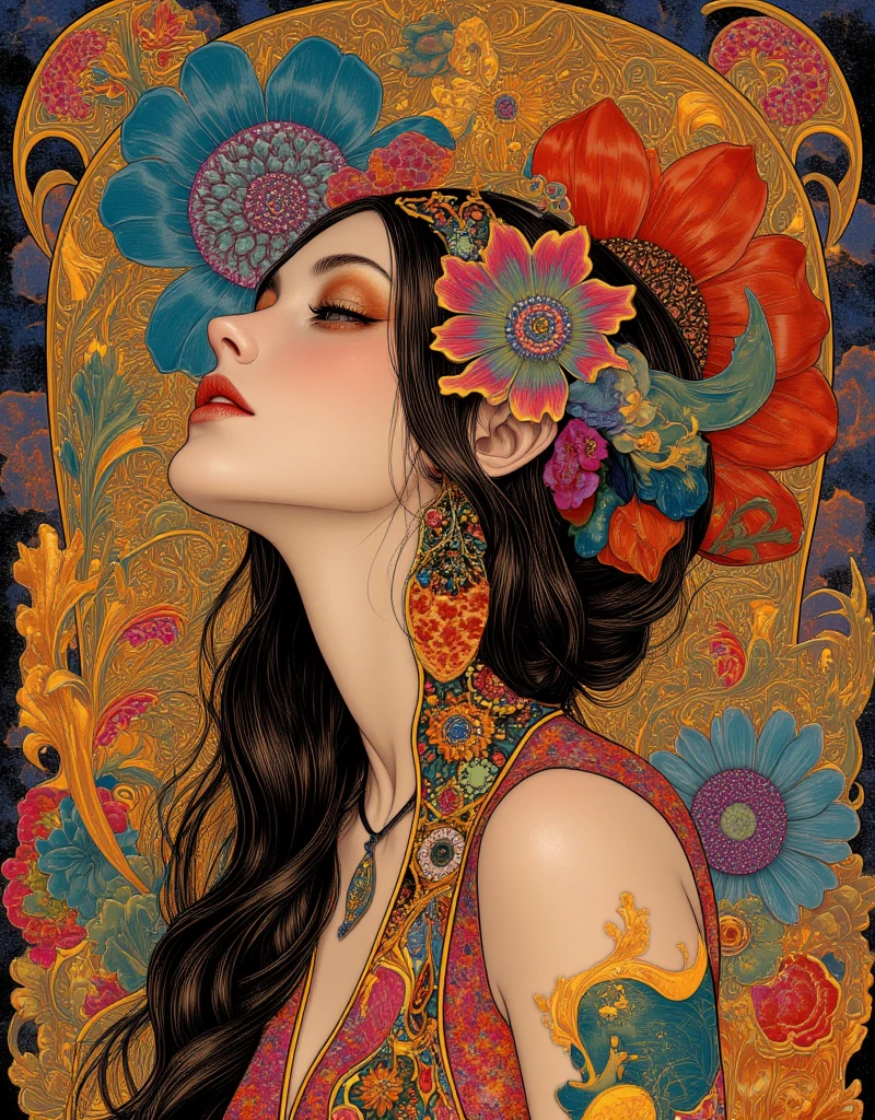 a woman with long hair and flowers in her hair, hippie girl, beautiful retro art, hot summertime hippie, 7 0 s vibe, 1960s flower power hippy, groovy vibe, art deco flower shaman, woman in flowers, mucha vibe, flower , 70s psychedelic style, 7 0 s vintage art, psychedelic art nouveau, ArsMJStyle, Art Deco, in the style of james-jean