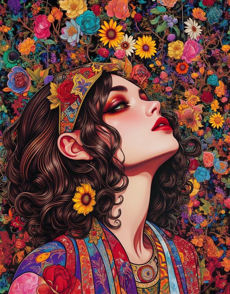 a woman with long hair and flowers in her hair, hippie girl, beautiful retro art, hot summertime hippie, 7 0 s vibe, 1960s flower power hippy, groovy vibe, art deco flower shaman, woman in flowers, mucha vibe, flower , 70s psychedelic style, 7 0 s vintage art, psychedelic art nouveau, ArsMJStyle, Art Deco, in the style of james-jean