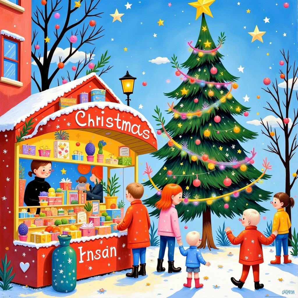 A Christmas tree and market stall with gifts, fruits, and vegetables in the snow, in the style of David Hockney. The painting features bright colors, a pastel palette, and soft brush strokes, using the medium of gouache. The Christmas tree is decorated with colorful lights, and greenery adorns the top. A warm light illuminates the stalls, which are full of presents, creating a festive Christmas atmosphere on a sunny day in the city street.