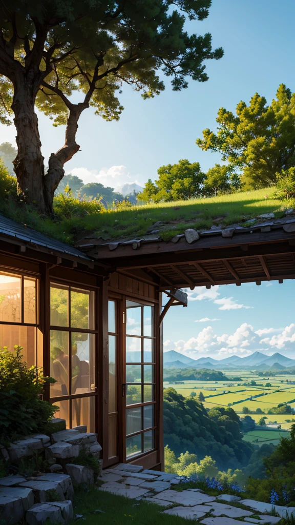 A serene and detailed illustration of a tall house erected by a wooden structure next to a tree on a rocky cliff. The house is made of aged wooden planks and has a small veranda, surrounded by verdant foliage. The setting is bathed in bright sunlight under a vibrant blue sky filled with fluffy white clouds. A stone path leads up to the tree, surrounded by tall grass and scattered stones. The background reveals a distant view of valleys and mountains, adding a sense of scale and tranquillity. The overall atmosphere is peaceful and adventurous, with a style reminiscent of Studio Ghibli animations, featuring vivid colors and intricate details