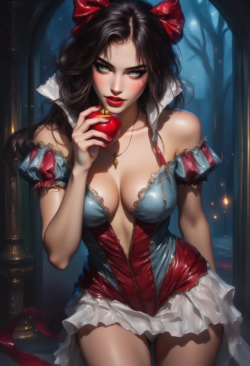 (generate princess snow white from disney eating an apple, show cleaveage, beautifull face, pretty face, beautifull eyes, beautifull nose, raytracing, beautifull fingers, beautifull hands, (4 fingers in 1 hand), full body photoshoot, pretty makeup, perfect anatomy, good lighting, professional photoshoot, sharp eye, fresh lips