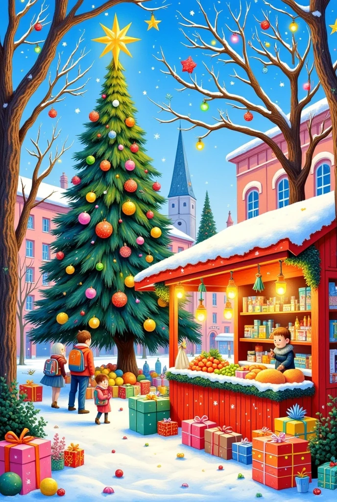 A Christmas tree and market stall with gifts, fruits, and vegetables in the snow, in the style of David Hockney. The painting features bright colors, a pastel palette, and soft brush strokes, using the medium of gouache. The Christmas tree is decorated with colorful lights, and greenery adorns the top. A warm light illuminates the stalls, which are full of presents, creating a festive Christmas atmosphere on a sunny day in the city street.