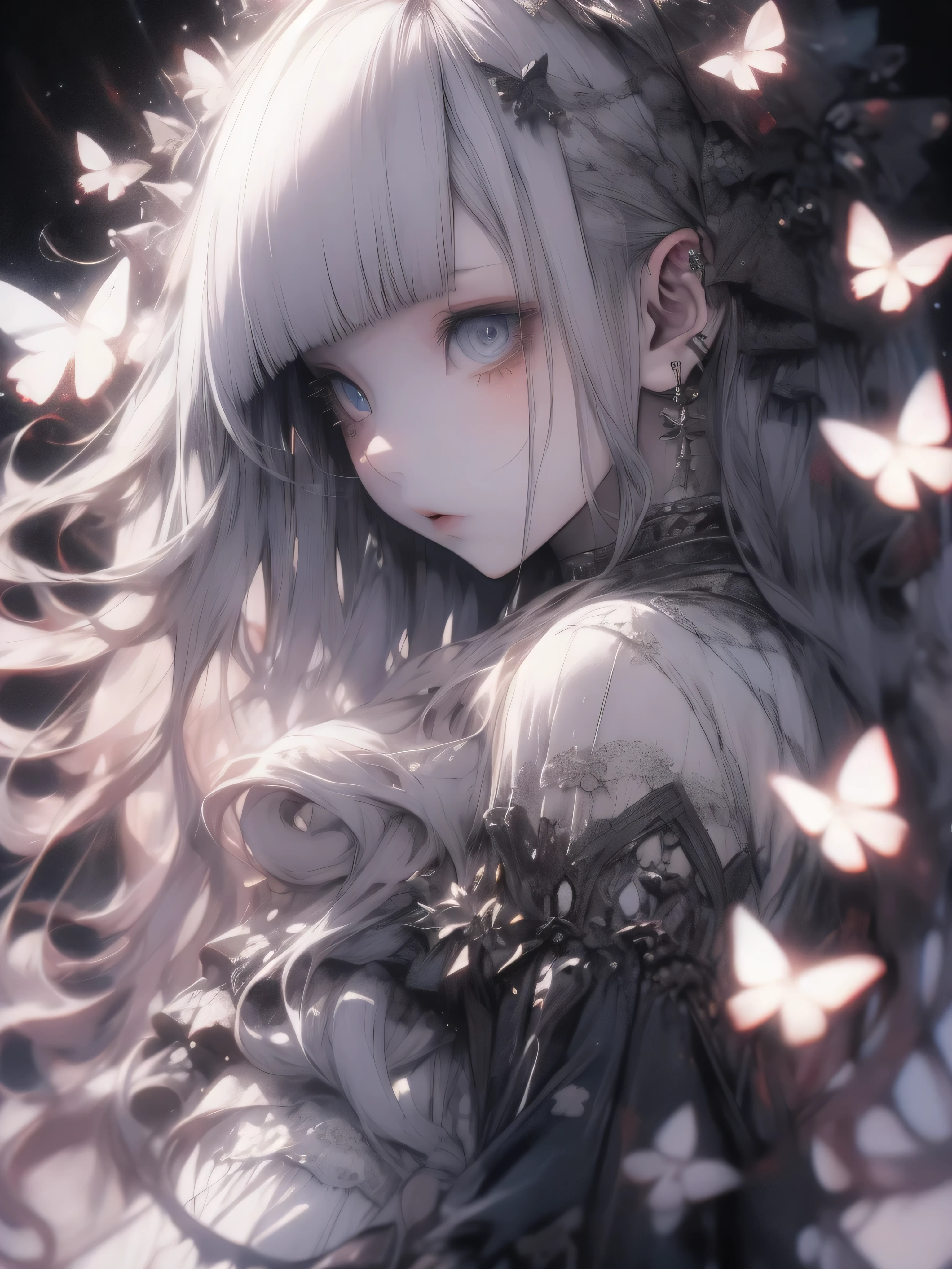 ( Masterpiece ),(4K Anime), High Quality , 1 girl, long light blue hair, blue eyes,White clothes with blue decoration, Lots of Glowing White Butterflies , Night Sky, high fantasy , anime art wallpaper 4K , Beautiful anime artwork, Beautiful anime art, BEAUTIFUL FANTASY ANIMATION , Beautiful Digital Artwork ,( high contrast), Unfairly Beautiful, cinematic lighting,Glancing sideways,from side