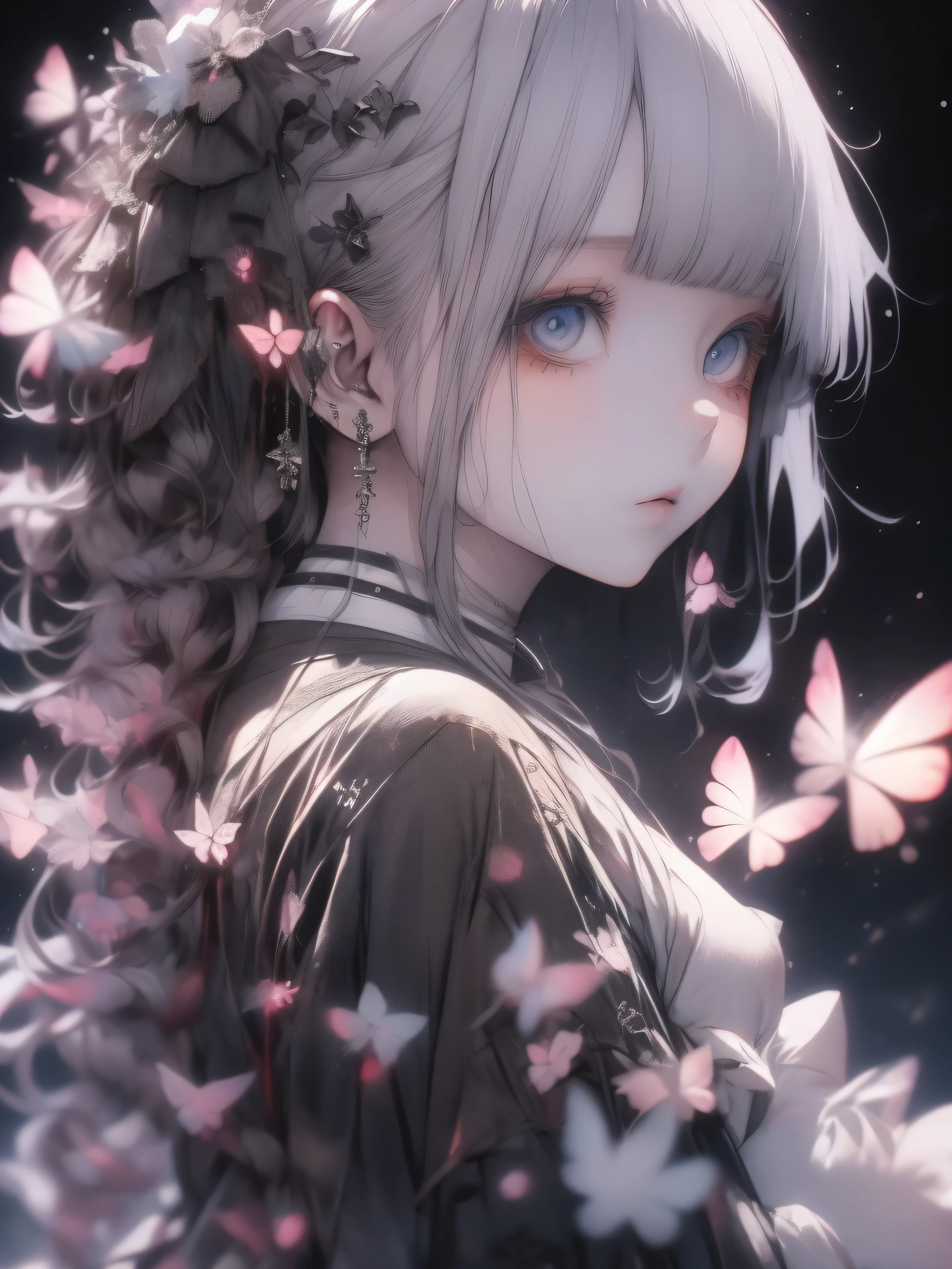 ( Masterpiece ),(4K Anime), High Quality , 1 girl, long light blue hair, blue eyes,White clothes with blue decoration, Lots of Glowing White Butterflies , Night Sky,  high fantasy , anime art wallpaper 4K , Beautiful anime artwork, Beautiful anime art,  BEAUTIFUL FANTASY ANIMATION ,   Beautiful Digital Artwork  ,( high contrast), Unfairly Beautiful, cinematic lighting,Glancing sideways,from side