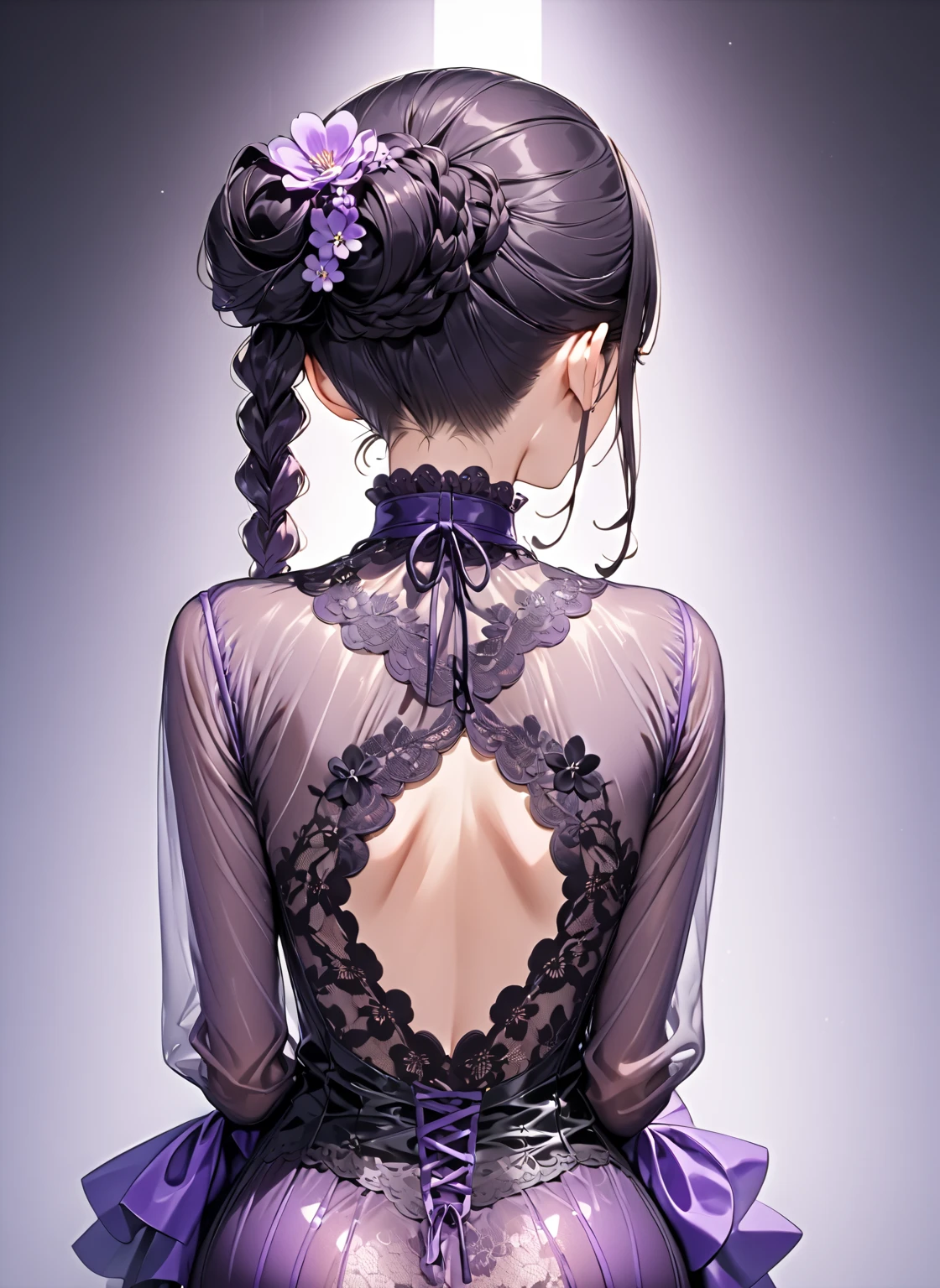 (Shiny purple long sleeve one piece,)(((Flare flower lace see-through))), black braids, (hair tied up at the back),