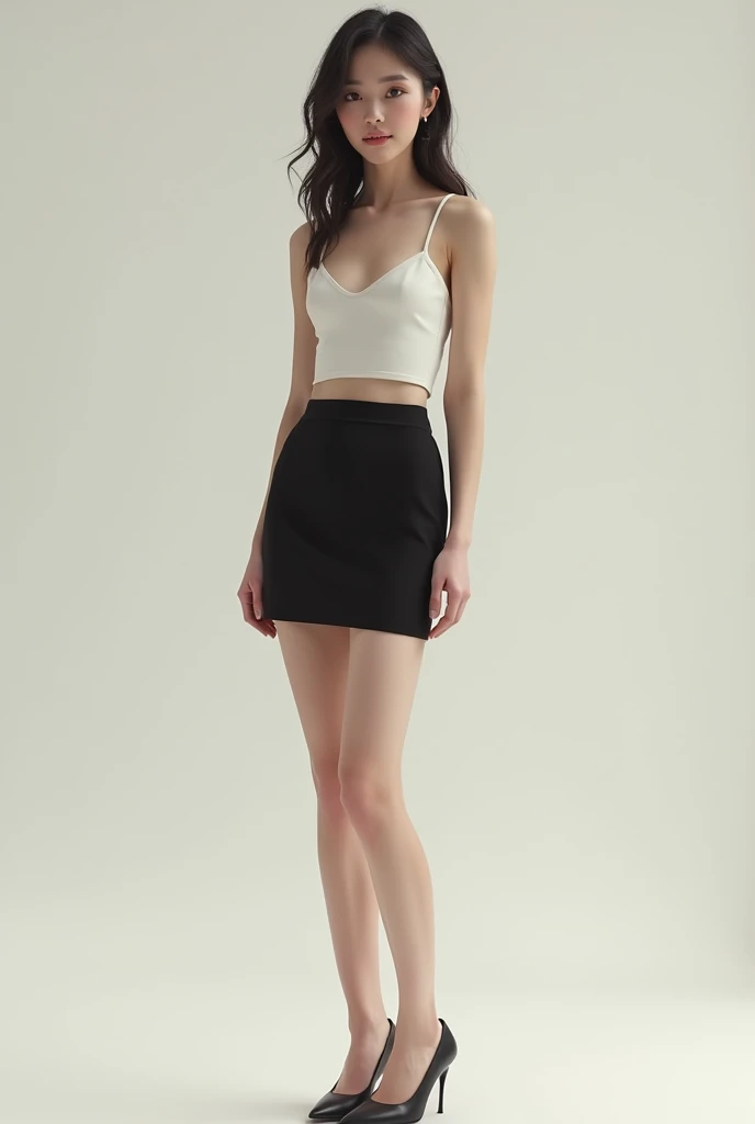 A (((full-body))), well-lit professional modeling photograph of an ethereally beautiful 18-year-old fashion model. She has youthful caucasian features and ((very pale white skin)). Her eyes are a striking blue, and she is wearing ((heavy black eye makeup)). She has a very slim, body with long, thin legs and large, round breasts. She is wearing a white crop top, a very short black miniskirt, and black boots. She is standing with her back to the camera, and her (((whole body from head to toe))) is shown in the photo.