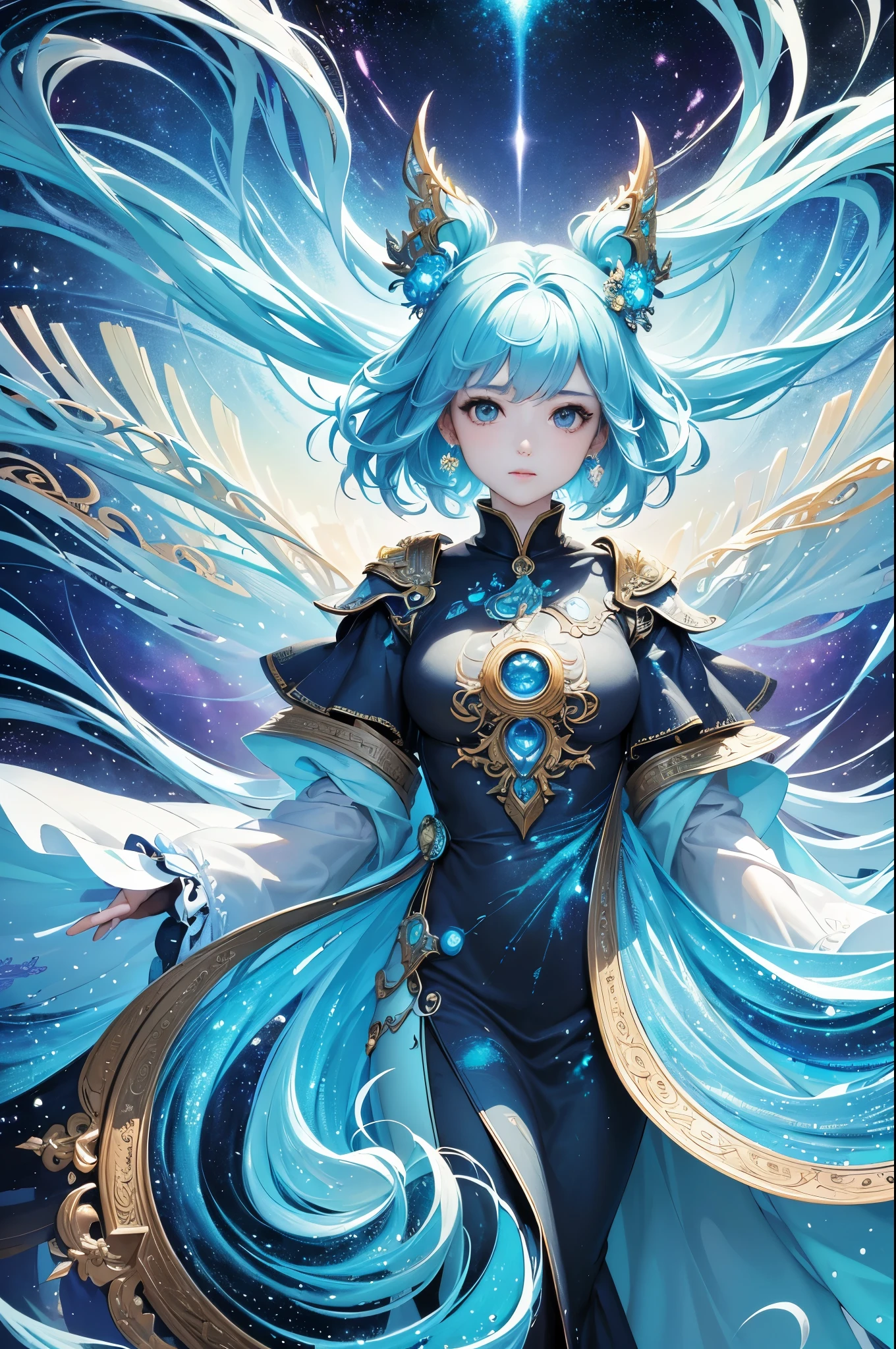 (​masterpiece、top-quality、top-quality、Official art、Beautifully Aesthetic:1.2)、(1girl in)、ighly detailed、(Fractal Art:1.3)、colourfull、highestdetailed、dynamic compositions、Poses in motion, aqua theme, galaxy

