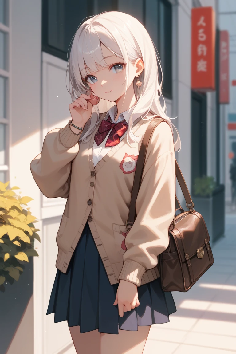  One girl , Alone,   skirt, bag,  cardigan , sleeve _past_wrist