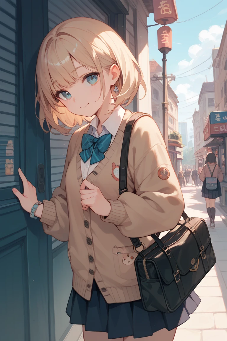  One girl , Alone,   skirt, bag,  cardigan , sleeve _past_wrist