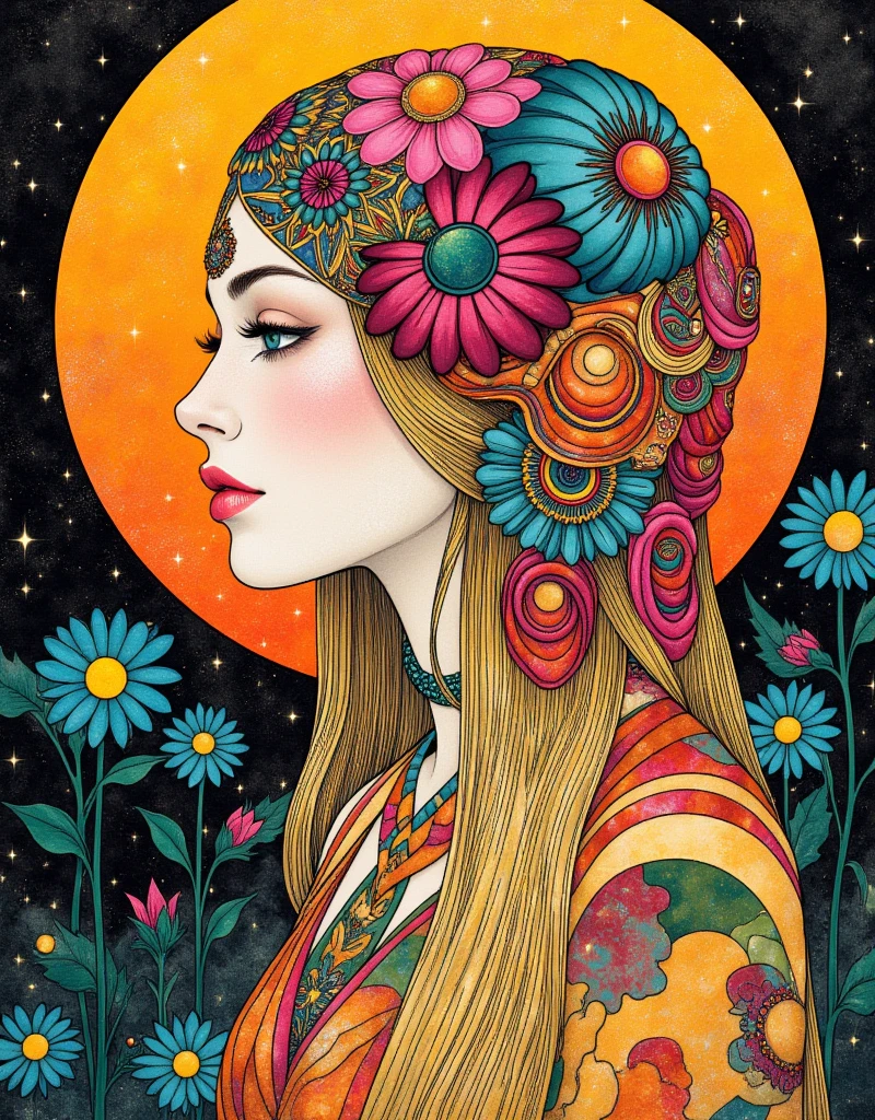 a woman with long hair and flowers in her hair, hippie girl, beautiful retro art, hot summertime hippie, 7 0 s vibe, 1960s flower power hippy, groovy vibe, art deco flower shaman, woman in flowers, mucha vibe, flower , 70s psychedelic style, 7 0 s vintage art, psychedelic art nouveau, ArsMJStyle, Art Deco, in the style of james-jean