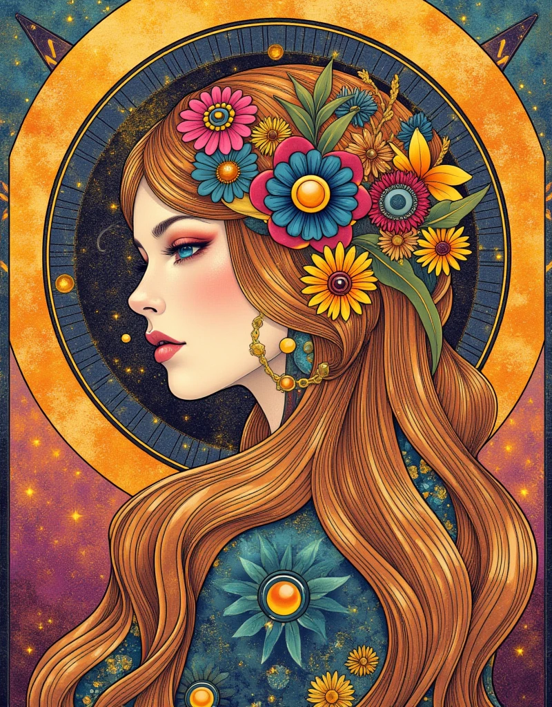 a woman with long hair and flowers in her hair, hippie girl, beautiful retro art, hot summertime hippie, 7 0 s vibe, 1960s flower power hippy, groovy vibe, art deco flower shaman, woman in flowers, mucha vibe, flower , 70s psychedelic style, 7 0 s vintage art, psychedelic art nouveau, ArsMJStyle, Art Deco, in the style of james-jean