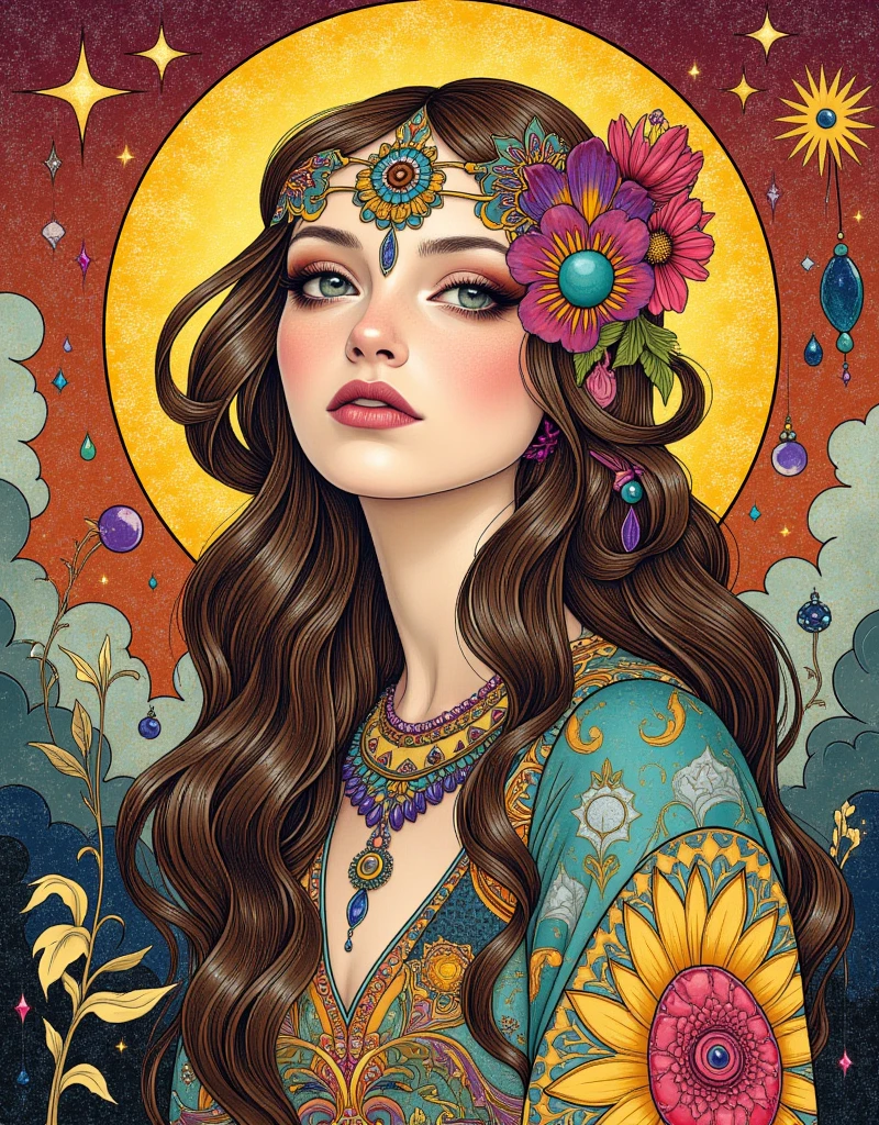 a woman with long hair and flowers in her hair, hippie girl, beautiful retro art, hot summertime hippie, 7 0 s vibe, 1960s flower power hippy, groovy vibe, art deco flower shaman, woman in flowers, mucha vibe, flower , 70s psychedelic style, 7 0 s vintage art, psychedelic art nouveau, ArsMJStyle, Art Deco, in the style of james-jean