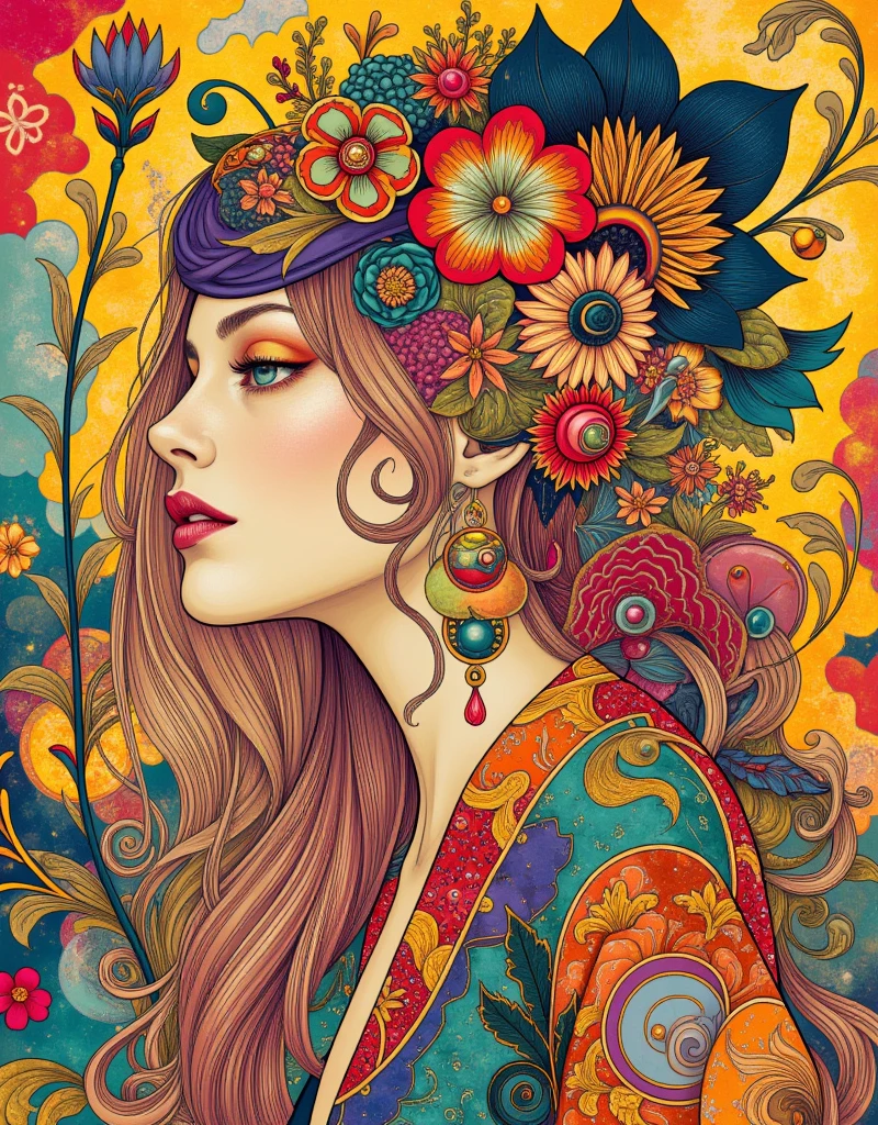 a woman with long hair and flowers in her hair, hippie girl, beautiful retro art, hot summertime hippie, 7 0 s vibe, 1960s flower power hippy, groovy vibe, art deco flower shaman, woman in flowers, mucha vibe, flower , 70s psychedelic style, 7 0 s vintage art, psychedelic art nouveau, ArsMJStyle, Art Deco, in the style of james-jean