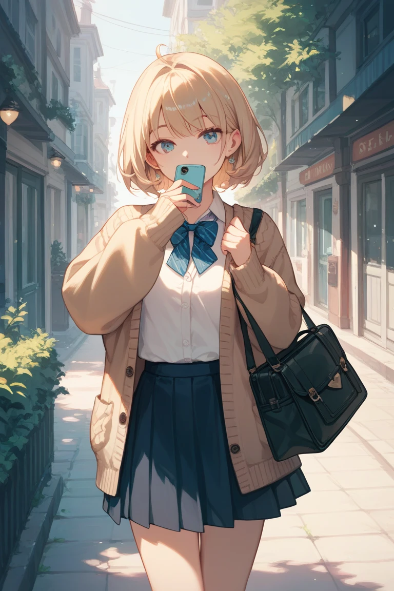  One girl , Alone,   skirt, bag,  cardigan , sleeve _past_wrist