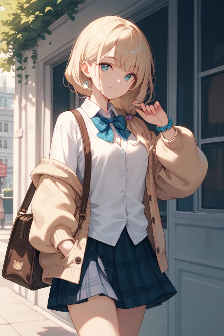  One girl , Alone,   skirt, bag,  cardigan , sleeve _past_wrist