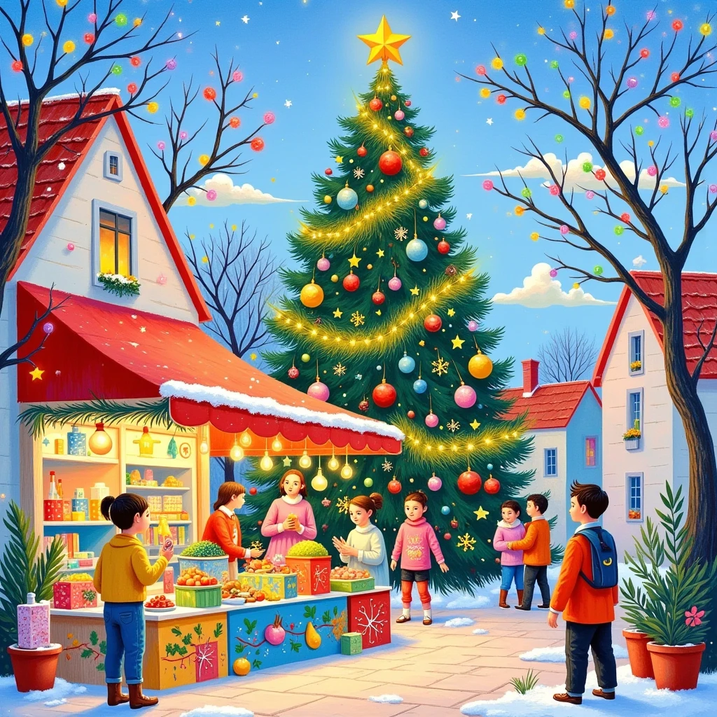 A Christmas tree and market stall with gifts, fruits, and vegetables in the snow, in the style of David Hockney. The painting features bright colors, a pastel palette, and soft brush strokes, using the medium of gouache. The Christmas tree is decorated with colorful lights, and greenery adorns the top. A warm light illuminates the stalls, which are full of presents, creating a festive Christmas atmosphere on a sunny day in the city street.