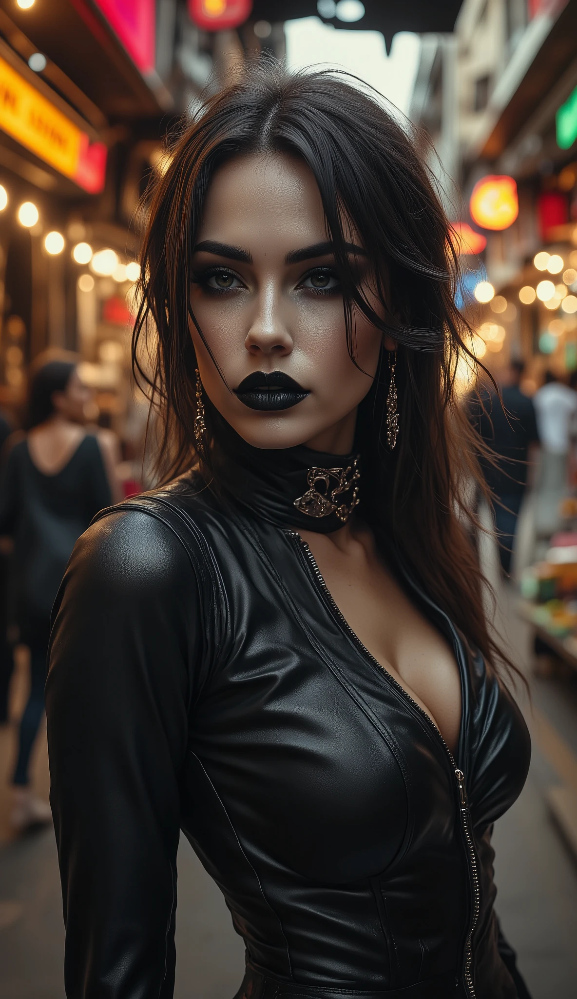 Super Detailed, goth woman, fierce look, leather turtleneck jumpsuit, metal choker, hoop earings, (heavy makeup:1.4), standing in a turkish marketplace, perfect make-up, looking away from camera, cannon 6d, octane render, striking, expressive look, alluring look, determined look, strong eyeliner, mesmerizing eyes, elegant, graceful, natural beauty, magnetic, charismatic, versatile, photogenic, backlit glow, dark fantasy, gothic
