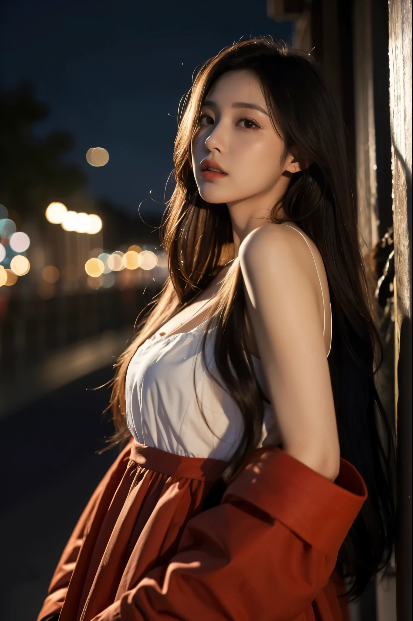1 Girl, unique , long hair, black dress , actual ,Lips,parted Lips, cowboys shoot ,night, blurry background,Diliu,Fluttering ,