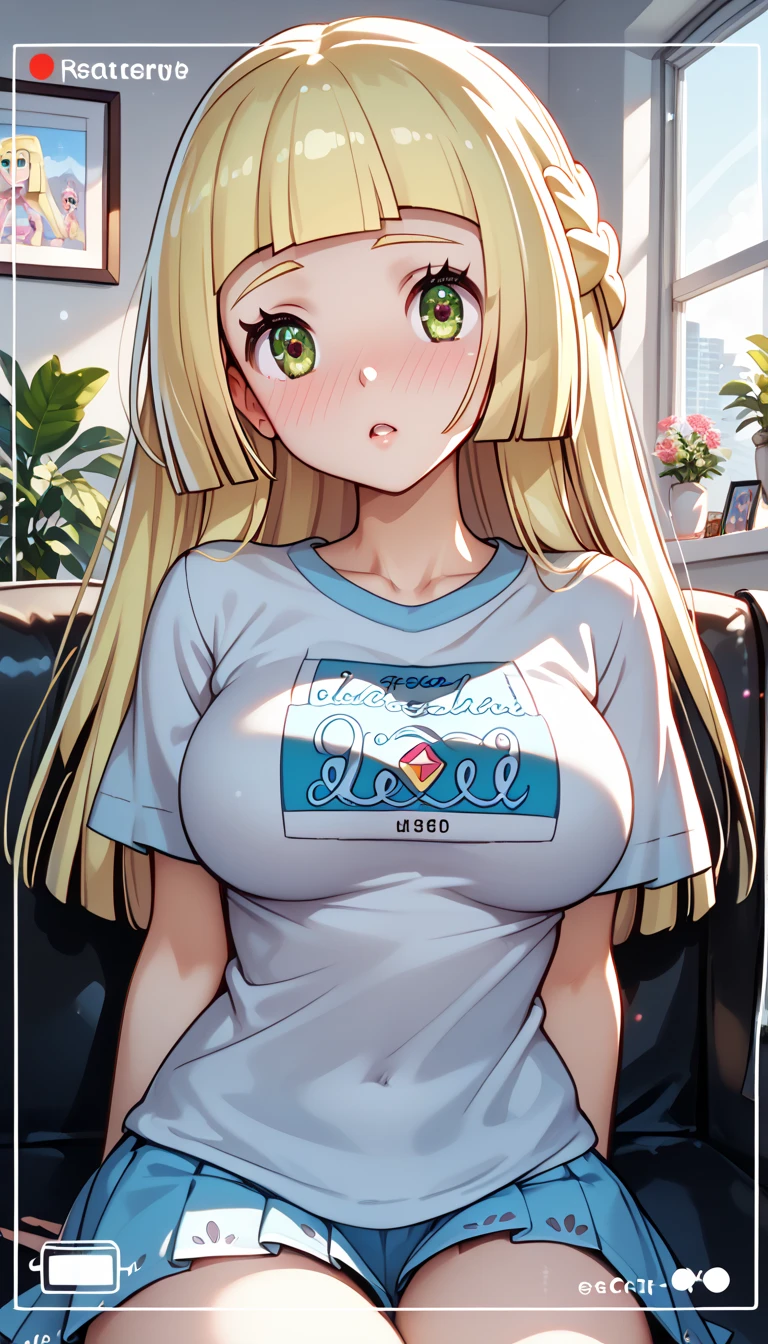 masterpiece, best quality, highly dramatic picture, beautiful eyes, cinematic lens effect, big beautifully shaped breasts , ultra cute, ultra sexy, ultra curvy, ultra bouncy, Dutch angle, horny , pervert, ((Supermodel)), ((Busty Bitches)), 1lillie , 1girl, ecchi, anime, cutesy, (sexy photoshoot), cute t-shirt and miniskirt, colourful jewellery , distressed expression , heavy blush, casting couch