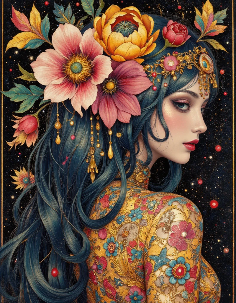 a woman with long hair and flowers in her hair, hippie girl, beautiful retro art, hot summertime hippie, 7 0 s vibe, 1960s flower power hippy, groovy vibe, art deco flower shaman, woman in flowers, mucha vibe, flower , 70s psychedelic style, 7 0 s vintage art, psychedelic art nouveau, ArsMJStyle, Art Deco, in the style of james-jean