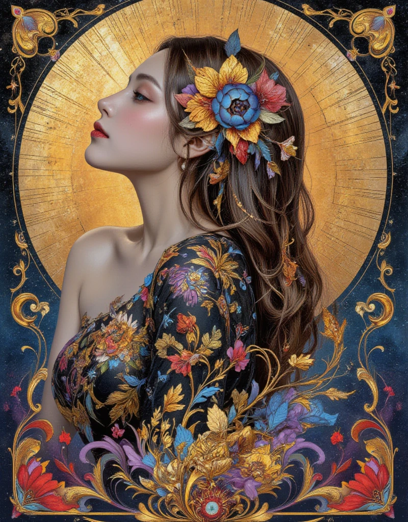 a woman with long hair and flowers in her hair, hippie girl, beautiful retro art, hot summertime hippie, 7 0 s vibe, 1960s flower power hippy, groovy vibe, art deco flower shaman, woman in flowers, mucha vibe, flower , 70s psychedelic style, 7 0 s vintage art, psychedelic art nouveau, ArsMJStyle, Art Deco, in the style of james-jean