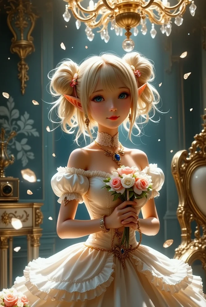 Dramatic composition, Court dress, Royal, nice, Cascading Ruffles, Raffle, bow,  Crystal Chandelier , Swirl Hairstyles, Place,  drill-like double ponytail ,  camera , bangs,  Maximalism  , Palace-like background, Delicate depiction of hair and eyes,  Princess Dress , nice skirts, Flowers in hands, smile, Starry Eyes, Cinematic Light, Extremely detailed,  High Definition ,  happy girl ,  long hair,  diamond with s, broken  diamond with s, Crystal Fragment, Particles of light