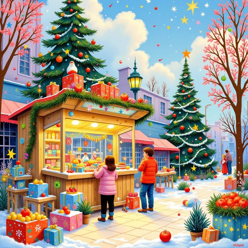 A Christmas tree and market stall with gifts, fruits, and vegetables in the snow, in the style of David Hockney. The painting features bright colors, a pastel palette, and soft brush strokes, using the medium of gouache. The Christmas tree is decorated with colorful lights, and greenery adorns the top. A warm light illuminates the stalls, which are full of presents, creating a festive Christmas atmosphere on a sunny day in the city street.