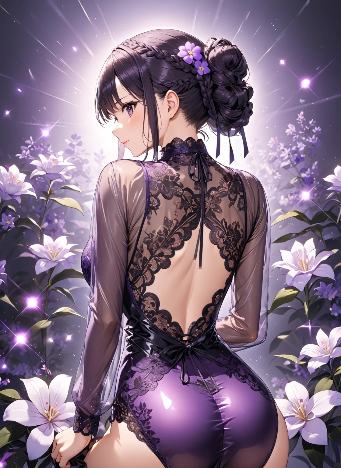 (Shiny purple long sleeve one piece,)(((Flare flower lace see-through))), black braids, (hair tied up at the back),