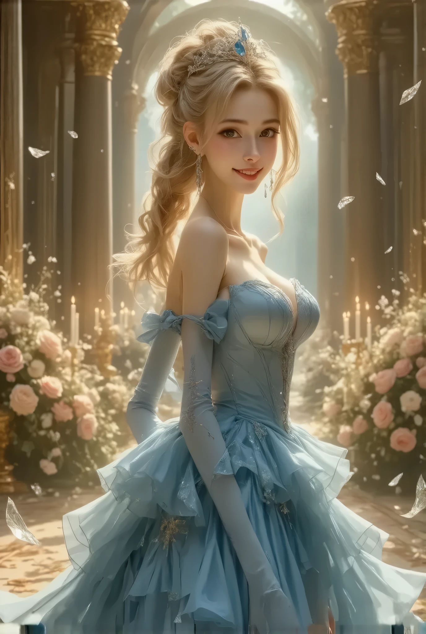 Dramatic composition, Court dress, Royal, nice, Cascading Ruffles, Raffle, bow,  Crystal Chandelier , Swirl Hairstyles, Place,   drill-like double ponytail ,  camera , bangs,   Maximalism  , Palace-like background, Delicate depiction of hair and eyes,  Princess Dress , nice skirts, Flowers in hands, smile, Starry Eyes, Cinematic Light, Extremely detailed,   High Definition ,  happy girl ,  long hair,  diamond with s, broken  diamond with s, Crystal Fragment, Particles of light