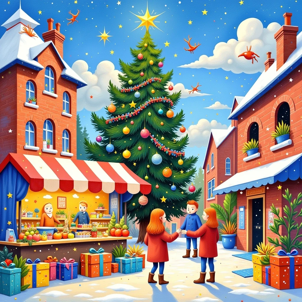 A Christmas tree and market stall with gifts, fruits, and vegetables in the snow, in the style of David Hockney. The painting features bright colors, a pastel palette, and soft brush strokes, using the medium of gouache. The Christmas tree is decorated with colorful lights, and greenery adorns the top. A warm light illuminates the stalls, which are full of presents, creating a festive Christmas atmosphere on a sunny day in the city street.