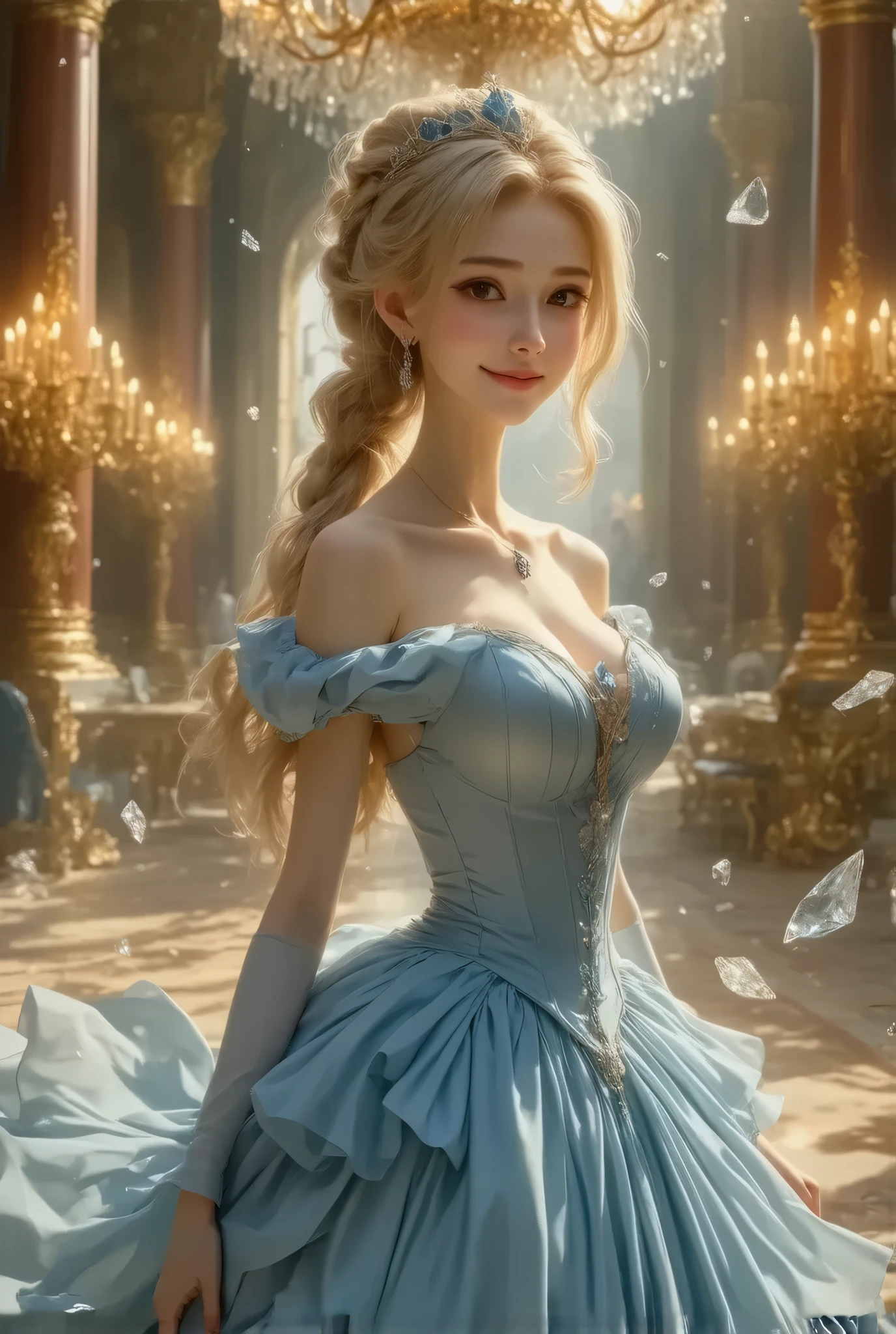 Dramatic composition, Court dress, Royal, nice, Cascading Ruffles, Raffle, bow,  Crystal Chandelier , Swirl Hairstyles, Place,   drill-like double ponytail ,  camera , bangs,   Maximalism  , Palace-like background, Delicate depiction of hair and eyes,  Princess Dress , nice skirts, Flowers in hands, smile, Starry Eyes, Cinematic Light, Extremely detailed,   High Definition ,  happy girl ,  long hair,  diamond with s, broken  diamond with s, Crystal Fragment, Particles of light