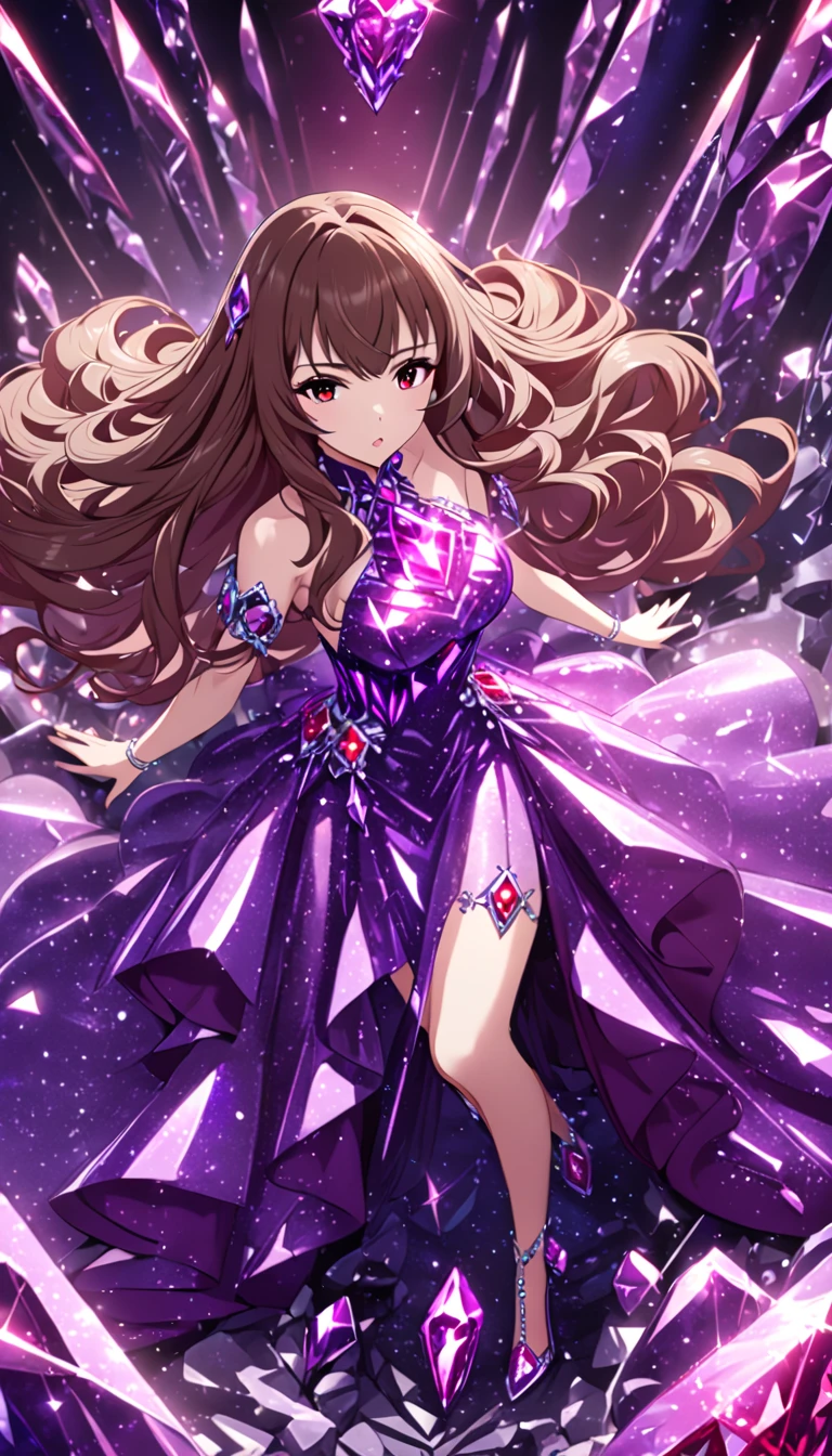  One girl , One girl ,  red eyes,  long hair, gem, Brown Hair,amethyst crystal dress