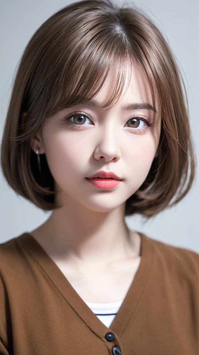 (the most absurd quality perfect eyes), ((natural super beautiful cute sharp-face)), (light pale complexion), ((clear no blur and sharp perfect round realistic brown_eyes:1.25)super detail), finely detailed pupils, detailed lips:1.3, [pink_lipstick:1.3]