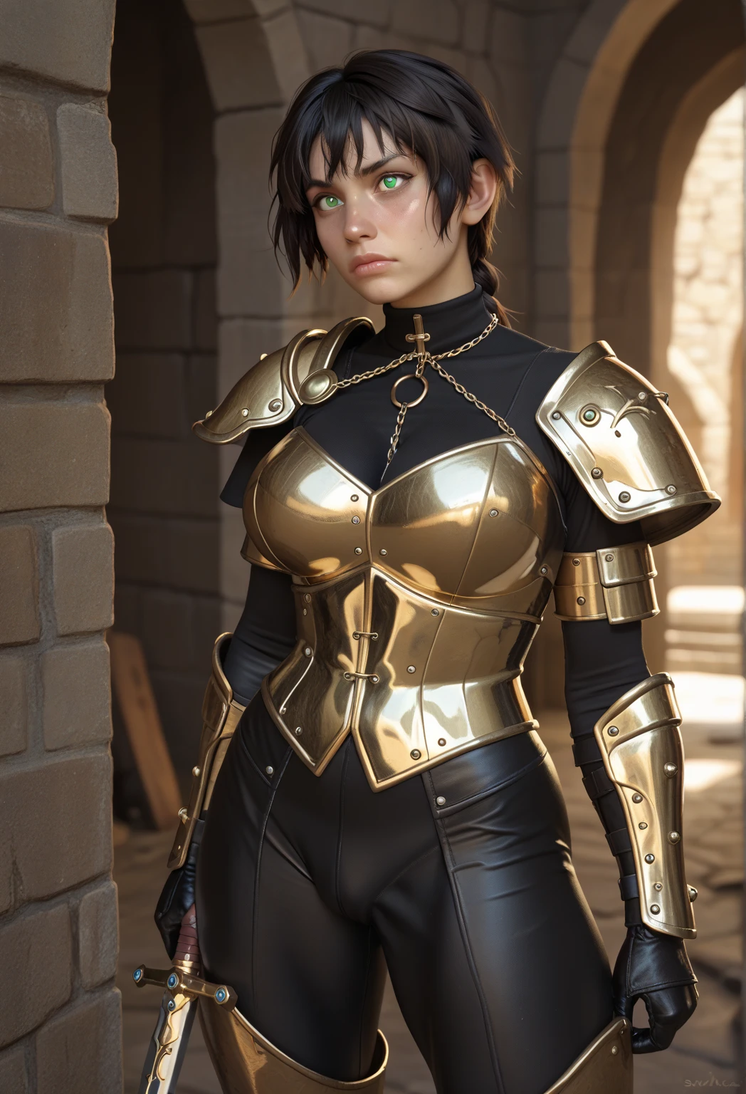 a strong and svelte human woman of about 23 years of age with black skin and with face resembling Motoko Kusanagi with a short assymetric hair cut with a small braid on a side and green eyes, wearing a light golden and blue chest thin plate armor with clothing pieces like tight trouser, a longsword in her hand, big sized breasts and ass, knocked out in a dungeon, a  small male goblin pulling her toward a set of binding chains, (((correct anatomy)))