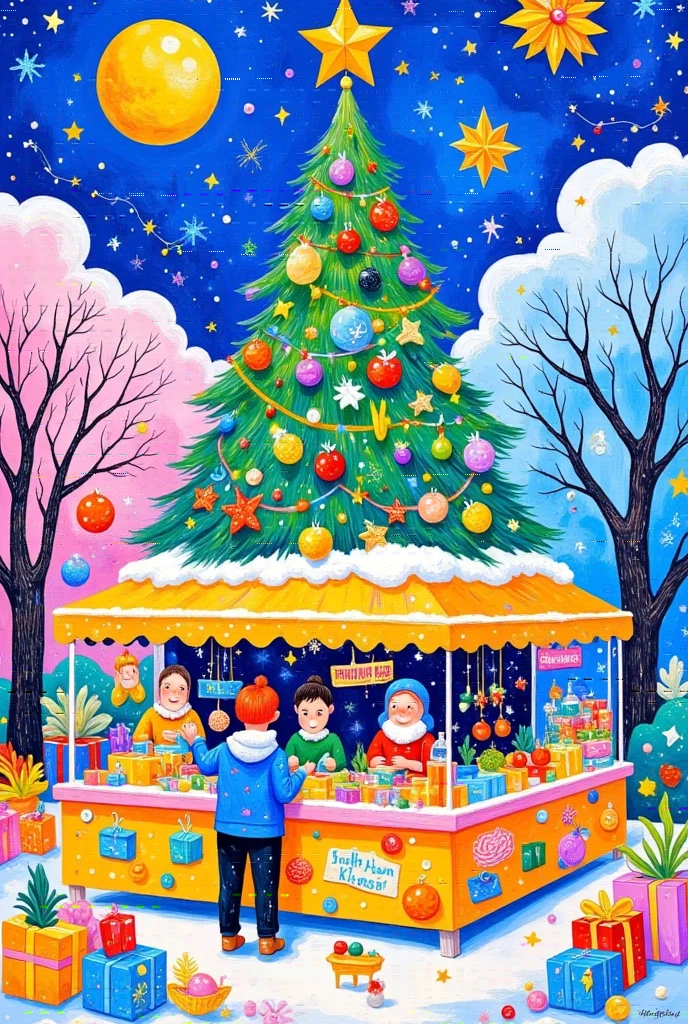 A Christmas tree and market stall with gifts, fruits, and vegetables in the snow, in the style of David Hockney. The painting features bright colors, a pastel palette, and soft brush strokes, using the medium of gouache. The Christmas tree is decorated with colorful lights, and greenery adorns the top. A warm light illuminates the stalls, which are full of presents, creating a festive Christmas atmosphere on a sunny day in the city street.