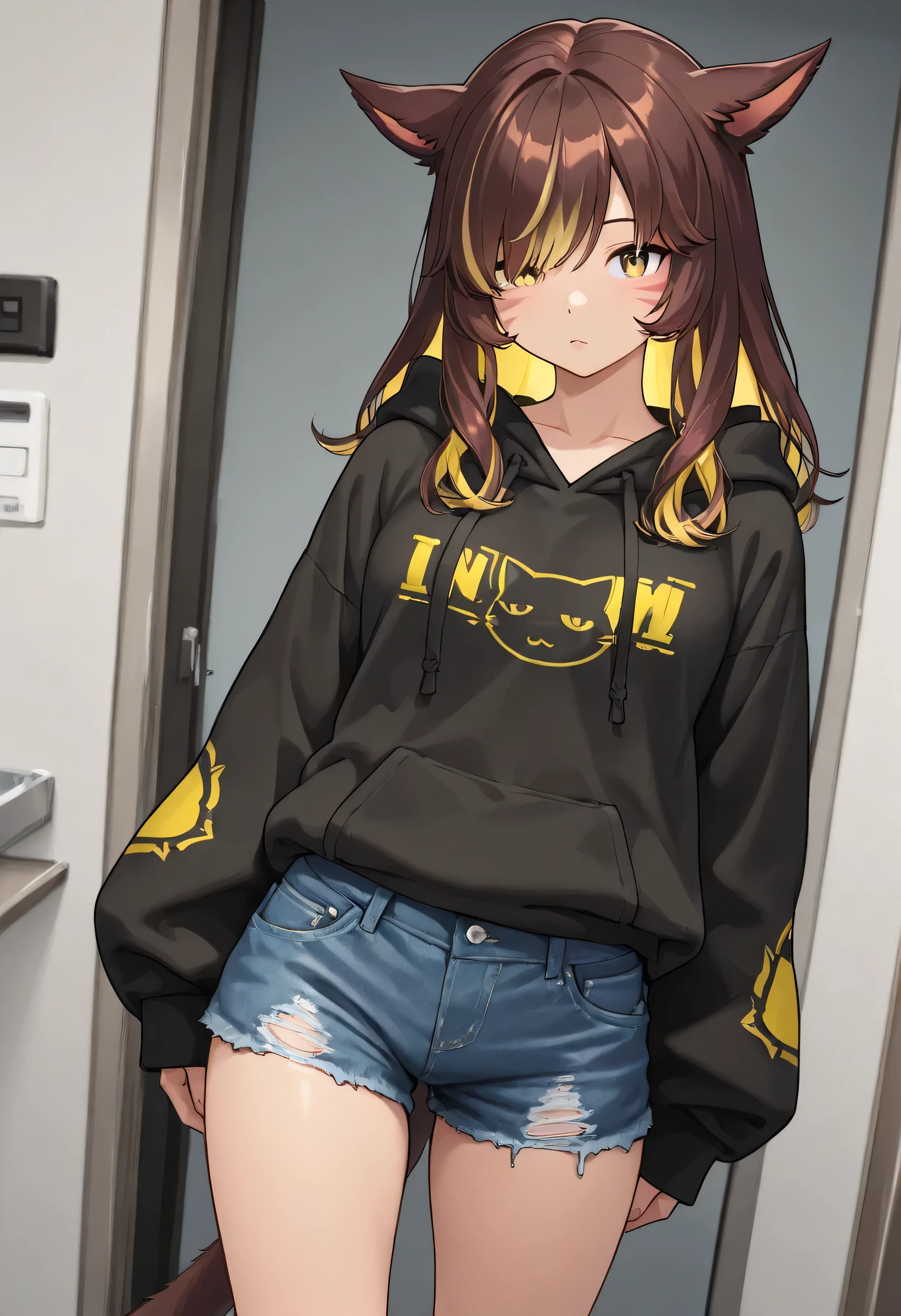 masterpiece,1girl, colored inner hair Brown hair Yellow hair, cat_ears, Black oversized hoodie,  インナータンクトップ , Hair on one eye, Long hair tips, Miqo'te, damage short denim 