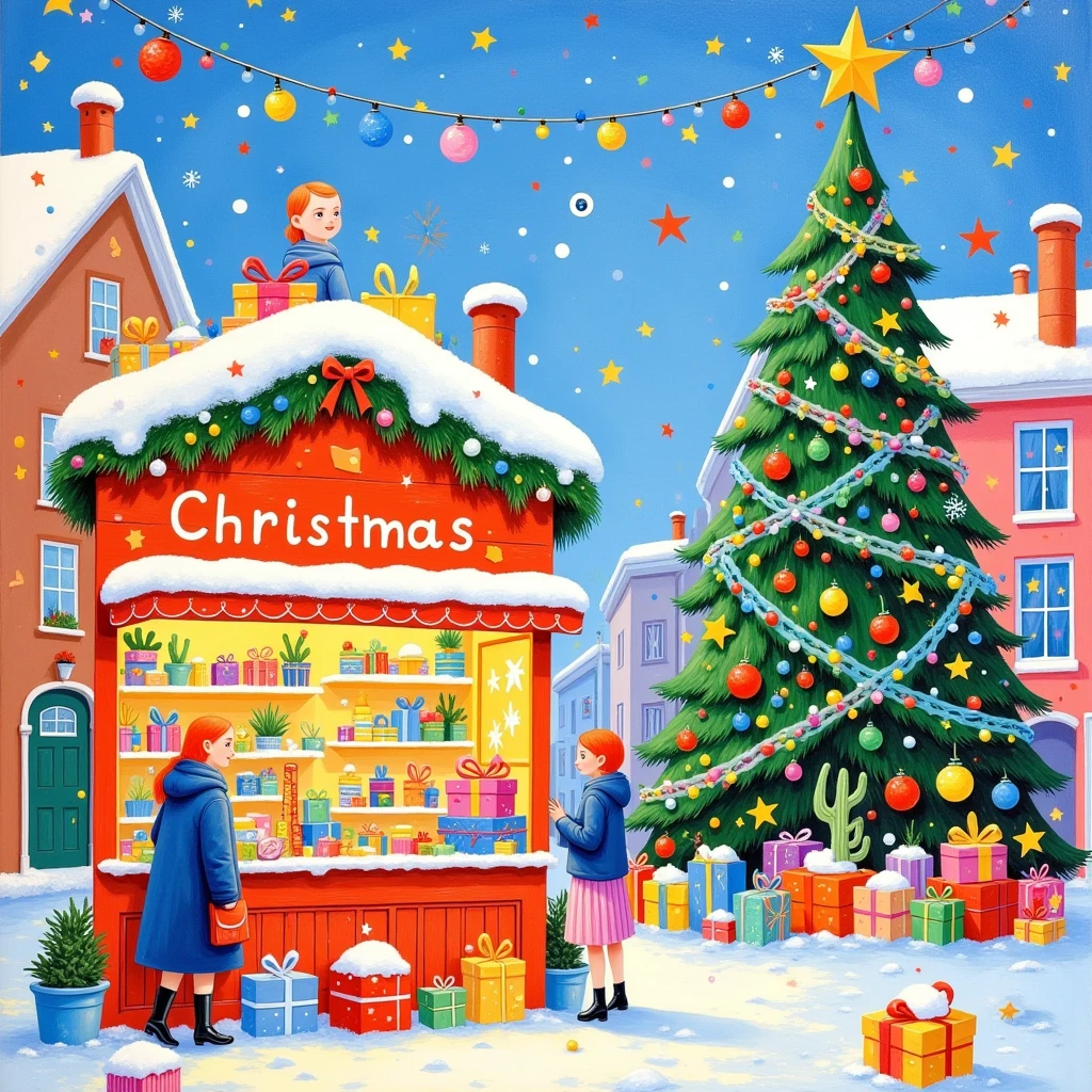 A Christmas tree and market stall with gifts, fruits, and vegetables in the snow, in the style of David Hockney. The painting features bright colors, a pastel palette, and soft brush strokes, using the medium of gouache. The Christmas tree is decorated with colorful lights, and greenery adorns the top. A warm light illuminates the stalls, which are full of presents, creating a festive Christmas atmosphere on a sunny day in the city street.