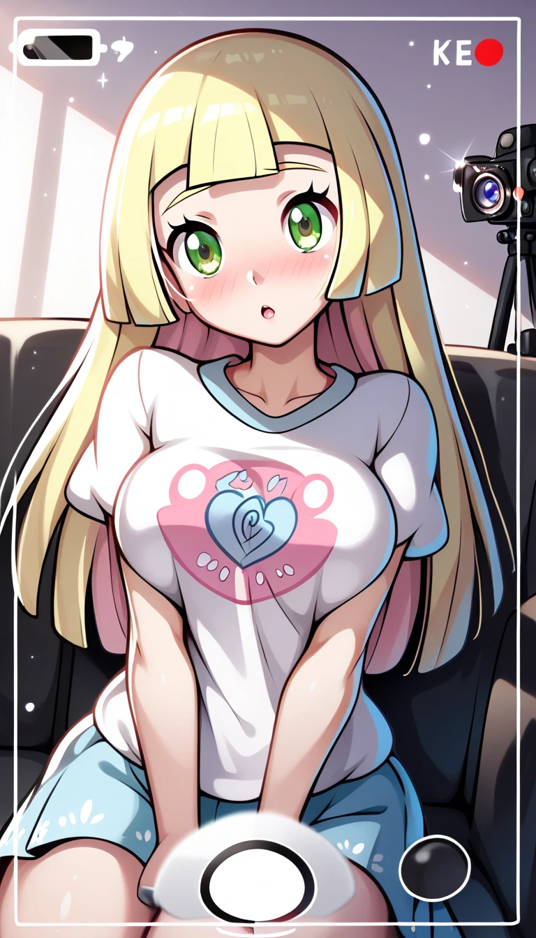 masterpiece, best quality, highly dramatic picture, beautiful eyes, cinematic lens effect, big beautifully shaped breasts , ultra cute, ultra sexy, ultra curvy, ultra bouncy, Dutch angle, horny , pervert, ((Supermodel)), ((Busty Bitches)), 1lillie , 1girl, ecchi, anime, cutesy, (sexy photoshoot), cute t-shirt and miniskirt, colourful jewellery , distressed expression , heavy blush, casting couch, body shot 