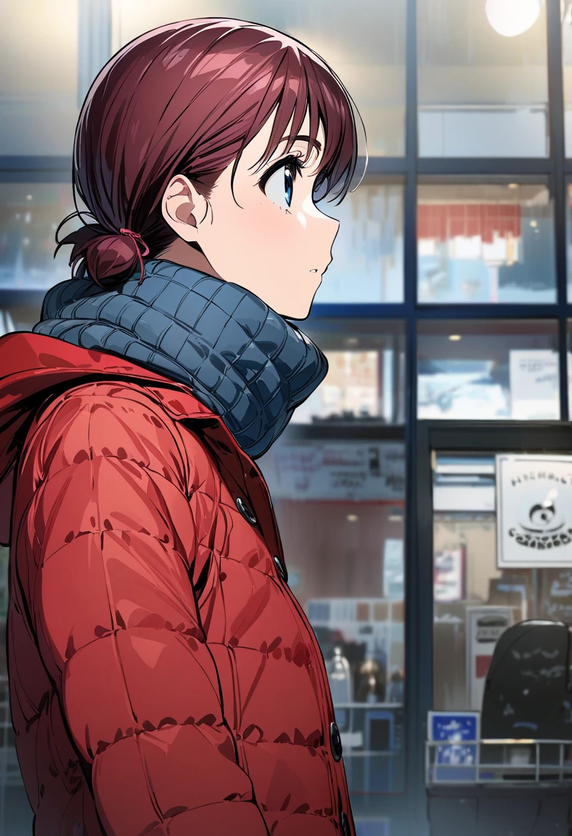   girl, Iseri Nina ,profile, in front of the store, looking up at the sky,Red coat, muffler ,masterpiece,   top quality , 